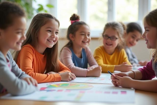 Group of diverse children enthusiastically learning about finances with a friendly instructor.